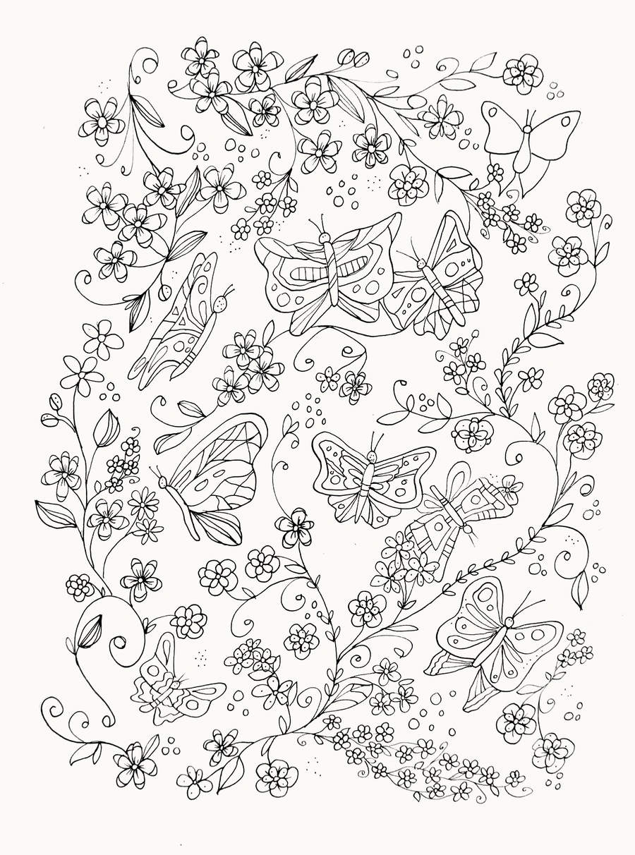 A hand-drawn line illustration of flowers, vines, and butterflies, by Pauline Visser